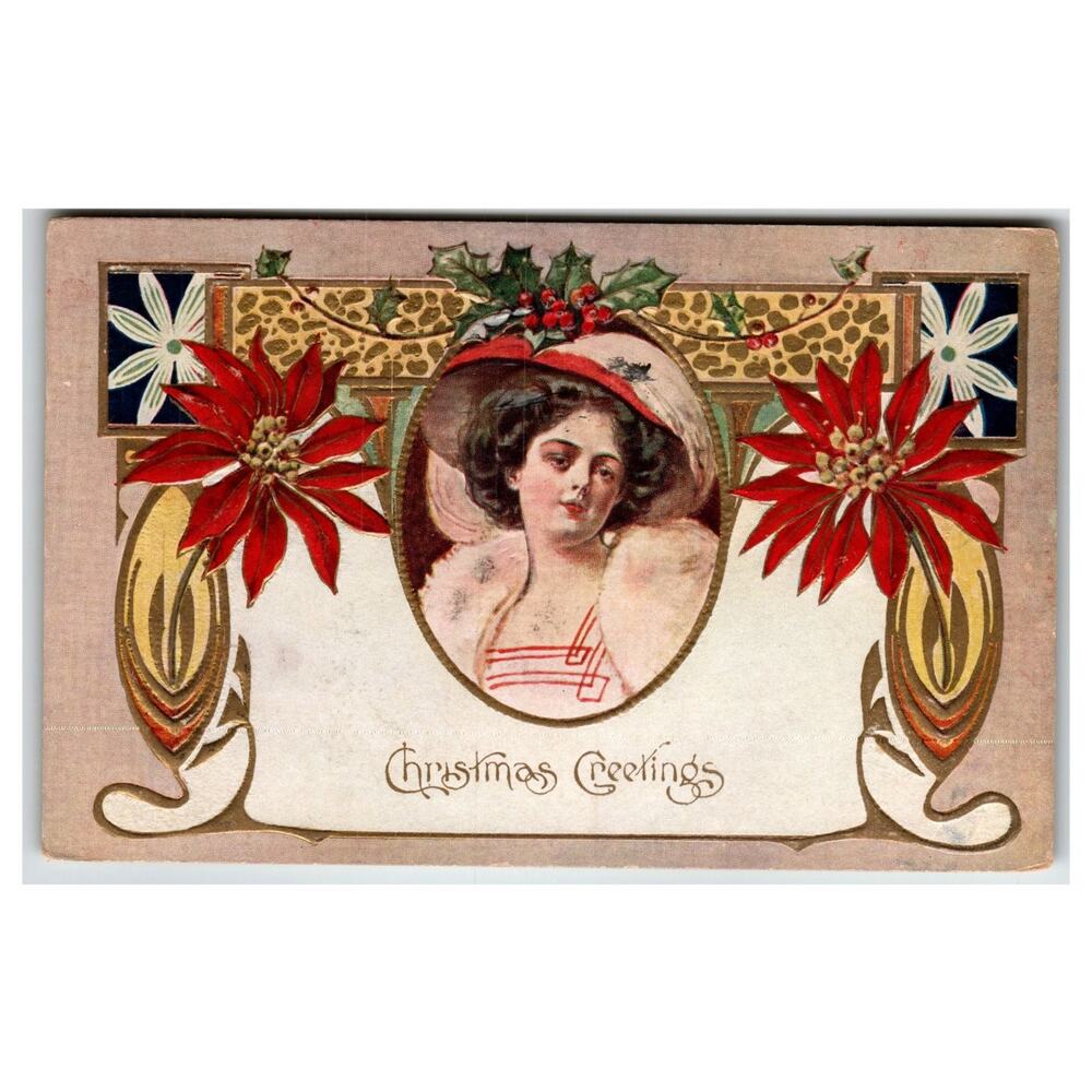1910 Art Nouveau Christmas Greetings Postcard Elegant Woman Poinsettias Embossed